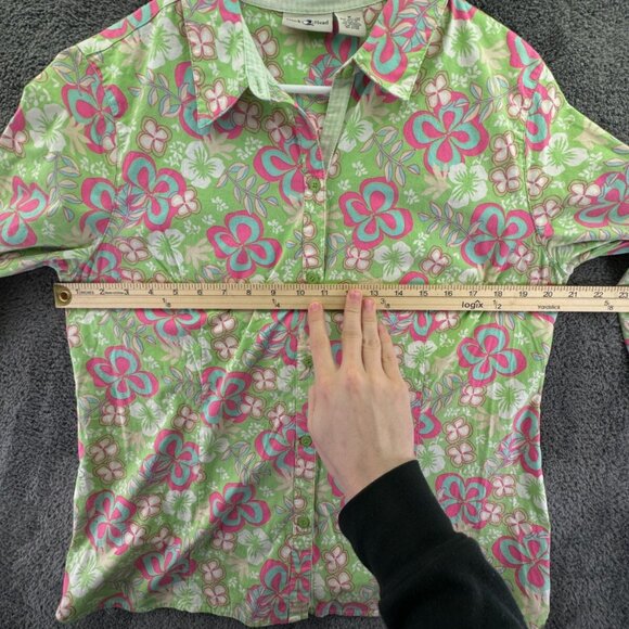 Duck Head Medium Women Button Up Floral Shirt Green Pink 1/2 Sleeve Stretch - Picture 4 of 14